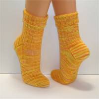 Einzelpaar - handgestrickte Damensocken, Strümpfe Gr. 41-42, Socken in sonnengelb und orange Bild 3