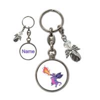 Metall Schlüsselanhänger mit Name und lila Drache Motiv | abnehmbarer Schutzengel in 3 Farben zur Auswahl Bild 1