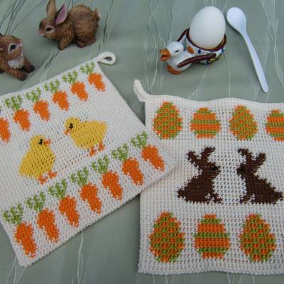 Häkelanleitung Doubleface-Topflappen Ostern mit Küken und Hasen (PDF)