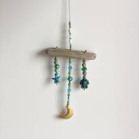 Windspiel „Goldmond“ - Deko-Anhänger mit Mond, Glas-Kristallen, Glasperlen, Ozean-Jaspis, Rocailles türkis Bild 1