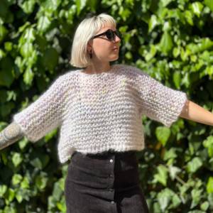 Mohairsweater handgestricktes Einzelstück, weiß, bunt meliert Bild 9