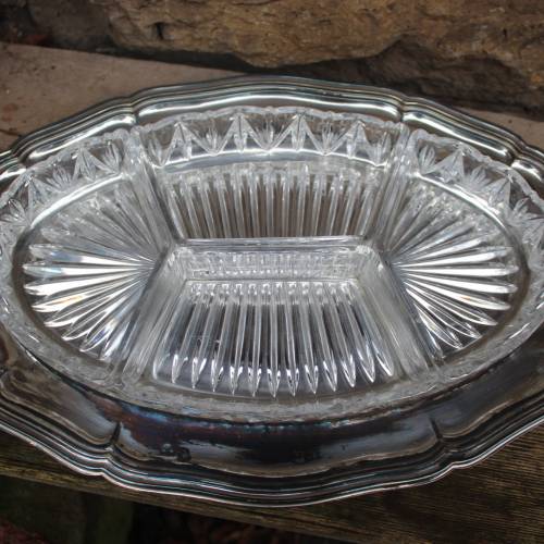 Art Deco Kabarettschale Feinkostplatte Pressglas Metall Tablett mit Feinsilberauflage HKE Hanns Knäbel Esslingen 30er Ja