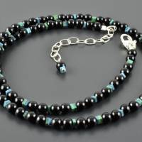 Onyx-Kette mit Chrysokoll Onyxperlenkette schwarze Edelsteine  türkis rund und eckig zarte Halskette mit Perlen Geschenk Bild 3