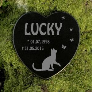 Gedenkstein Katze Gravur Herz Grabplatte Marmor - Grabstein für Tiere - Grabdekoration Bild 1