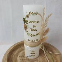 Hochzeitskerze Rustik weiß groß mit Teelichteinsatz - mit Blütenkreis gold, taupe und olive mit Pampasgras Bild 1