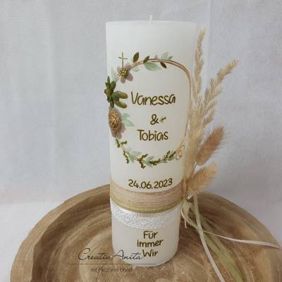 Hochzeitskerze Rustik weiß groß mit/ohne Teelichteinsatz - mit Blütenkreis gold, taupe und olive