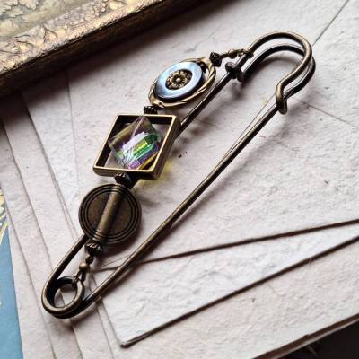 Bronze Schalnadel Boho Chic geometrisch - sehr große funkelnde Schmucknadel Perlmutt Pastell Kristall N10-AB-7