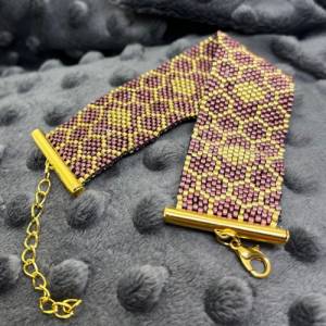 Elegantes Armband „Honigwaben“, kleine Rocailles Perlen, in seidenmatt lila-metallic und gold, Miyuki Bild 1