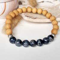 Diffuser Mala Armband aus Sandelholz, tibetischen Messing Perlen in antik silberfarben und Labradorit, tibetischer Schmu Bild 1