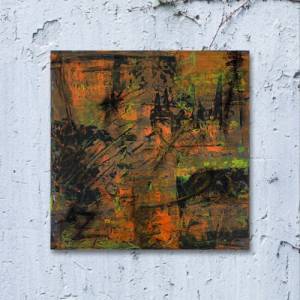 Abstrakte Malerei - 40x40cm - schwarz, orange, fluoreszierendes Neongelb & neongrün auf Leinwand - Acrylkunst - Unikat h Bild 1