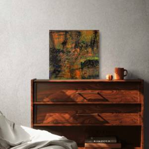 Abstrakte Malerei - 40x40cm - schwarz, orange, fluoreszierendes Neongelb & neongrün auf Leinwand - Acrylkunst - Unikat h Bild 3