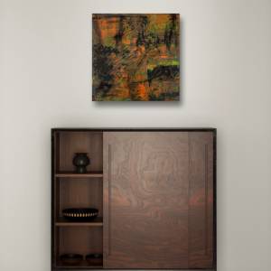 Abstrakte Malerei - 40x40cm - schwarz, orange, fluoreszierendes Neongelb & neongrün auf Leinwand - Acrylkunst - Unikat h Bild 6