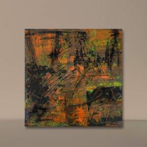 Abstrakte Malerei - 40x40cm - schwarz, orange, fluoreszierendes Neongelb & neongrün auf Leinwand - Acrylkunst - Unikat h Bild 8