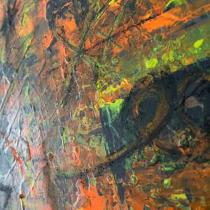 Abstrakte Malerei - 40x40cm - schwarz, orange, fluoreszierendes Neongelb & neongrün auf Leinwand - Acrylkunst - Unikat h Bild 9
