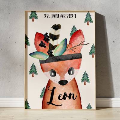 Fuchs Wald Kinderbild mit Name, Kinderzimmer Bild,  Poster Deko, Geschenk zur Geburt