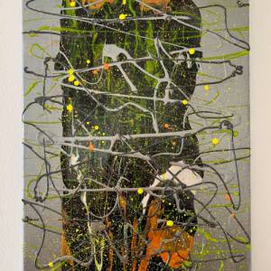 Abstraktes “Milkyway” Gemälde - 30x40cm - schwarz, weiß, silber, orange, neongelb auf Leinwand - Acrylic Pouring Art - f Bild 1