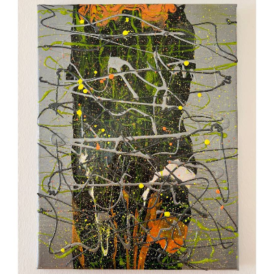 Abstraktes “Milkyway” Gemälde - 30x40cm - schwarz, weiß, silber, orange, neongelb auf Leinwand - Acrylic Pouring Art - f