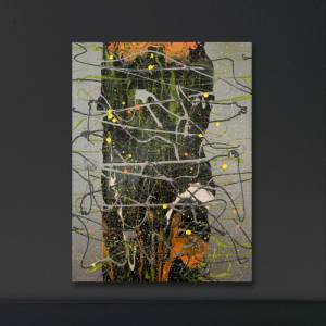 Abstraktes “Milkyway” Gemälde - 30x40cm - schwarz, weiß, silber, orange, neongelb auf Leinwand - Acrylic Pouring Art - f Bild 2