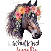 Bügelbild SCHULKIND Aquarell Pferd Schwarz mit Blumen (2) personalisiert Name Bild 1