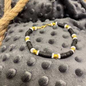 Coole Armbänder mit Hummerverschluss aus Heishi-Perlen, Fimo, Acryl, in Schwarz-weiß mit goldenen Akzenten, vers. Variat Bild 7