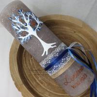 Taufkerze Rustikkerze Schlamm mit Lebensbaum und christlichen Symbolen Blau-Kupfer Bild 1