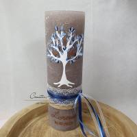Taufkerze Rustikkerze Schlamm mit Lebensbaum und christlichen Symbolen Blau-Kupfer Bild 3