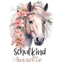 Bügelbild SCHULKIND Aquarell Pferd Hell Hellbraun mit Blumen (3) personalisiert  Name Bild 1