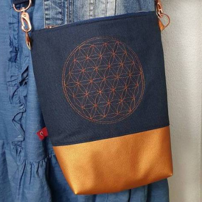 FRIDA Crossbodybag Damen blau Crossbag Handtasche Umhängetasche Mini-Shopper bestickt Flower of Life Lebensblume