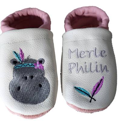 Krabbelschuhe Lauflernschuhe Puschen Baby Schuhe Leder personalisiert  Nilpferd