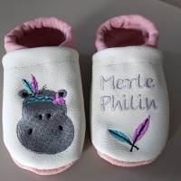 Krabbelschuhe Lauflernschuhe Puschen Baby Schuhe Leder personalisiert  Nilpferd Bild 3