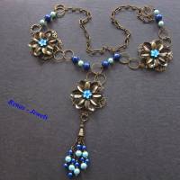 Bettelkette lang dunkelblau hellblau bronzefarben mit Anhänger Quaste Perlen Blumen Bettel Kette Bild 1
