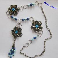 Bettelkette lang dunkelblau hellblau bronzefarben mit Anhänger Quaste Perlen Blumen Bettel Kette Bild 3
