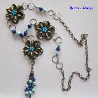 Bettelkette lang dunkelblau hellblau bronzefarben mit Anhänger Quaste Perlen Blumen Bettel Kette Bild 4
