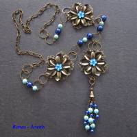 Bettelkette lang dunkelblau hellblau bronzefarben mit Anhänger Quaste Perlen Blumen Bettel Kette Bild 5