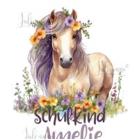 Bügelbild SCHULKIND Aquarell Pferd Hell Hellbraun mit Blumen (4) personalisiert  Name Bild 1