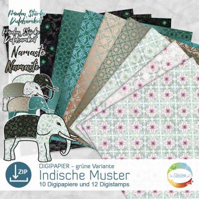 Digipapier indischen Muster, Variante grün, Digistamp Elefant, Namaste, Yoga, indisch inspiriertes Design senSEASONal