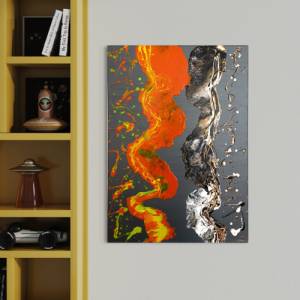 Abstraktes “THE KISS” Gemälde - 50x70cm - Schwarz, Weiß, Gold, Silber, Neon Orange & Gelb auf anthrazitfarbener Leinwand Bild 1