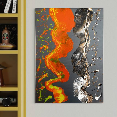Abstraktes “THE KISS” Gemälde - 50x70cm - Schwarz, Weiß, Gold, Silber, Neon Orange & Gelb auf anthrazitfarbener Leinwand