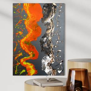 Abstraktes “THE KISS” Gemälde - 50x70cm - Schwarz, Weiß, Gold, Silber, Neon Orange & Gelb auf anthrazitfarbener Leinwand Bild 3