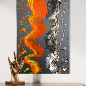 Abstraktes “THE KISS” Gemälde - 50x70cm - Schwarz, Weiß, Gold, Silber, Neon Orange & Gelb auf anthrazitfarbener Leinwand Bild 4