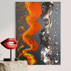 Abstraktes “THE KISS” Gemälde - 50x70cm - Schwarz, Weiß, Gold, Silber, Neon Orange & Gelb auf anthrazitfarbener Leinwand Bild 5