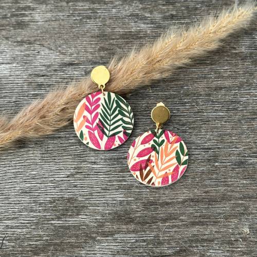 Große Ohrringe Pink Gold, runde Ohrringe hängend aus Polymer Clay, Bunte Statementohrringe Sommer Herbst Frühling