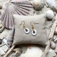 „Shells“ - Goldfarbene Edelstahl-Ohrringe mit Plättchen aus Perlmutt in cremefarben und kleinen Muscheln Bild 2