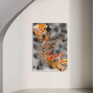 Abstraktes “Clash” Gemälde - 50x70cm - Schwarz, Beige, Weiß, Gold, Silber, Neon Orange auf besprühter Leinwand - Acryl u Bild 1