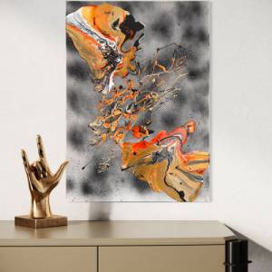 Abstraktes “Clash” Gemälde - 50x70cm - Schwarz, Beige, Weiß, Gold, Silber, Neon Orange auf besprühter Leinwand - Acryl u Bild 2