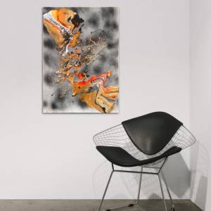 Abstraktes “Clash” Gemälde - 50x70cm - Schwarz, Beige, Weiß, Gold, Silber, Neon Orange auf besprühter Leinwand - Acryl u Bild 3