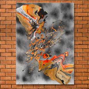 Abstraktes “Clash” Gemälde - 50x70cm - Schwarz, Beige, Weiß, Gold, Silber, Neon Orange auf besprühter Leinwand - Acryl u Bild 5