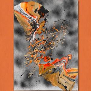 Abstraktes “Clash” Gemälde - 50x70cm - Schwarz, Beige, Weiß, Gold, Silber, Neon Orange auf besprühter Leinwand - Acryl u Bild 6