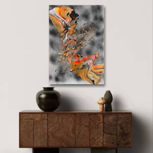 Abstraktes “Clash” Gemälde - 50x70cm - Schwarz, Beige, Weiß, Gold, Silber, Neon Orange auf besprühter Leinwand - Acryl u Bild 7