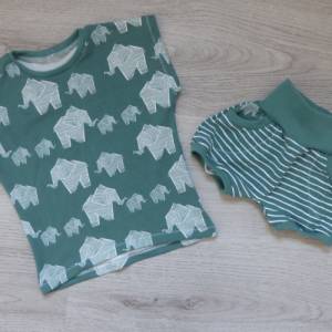 Babyset/Kinderset/Babyshirt/Kindershirt/Oversized-Shirt/Elefanten/Streifen/Grün/Pumphose/Shorts/Bio-Stoffe/Biobaumwolle Bild 1